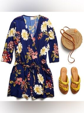 Kaileigh Navy Floral Faux Wrap Shorts Romper with Tie Waist